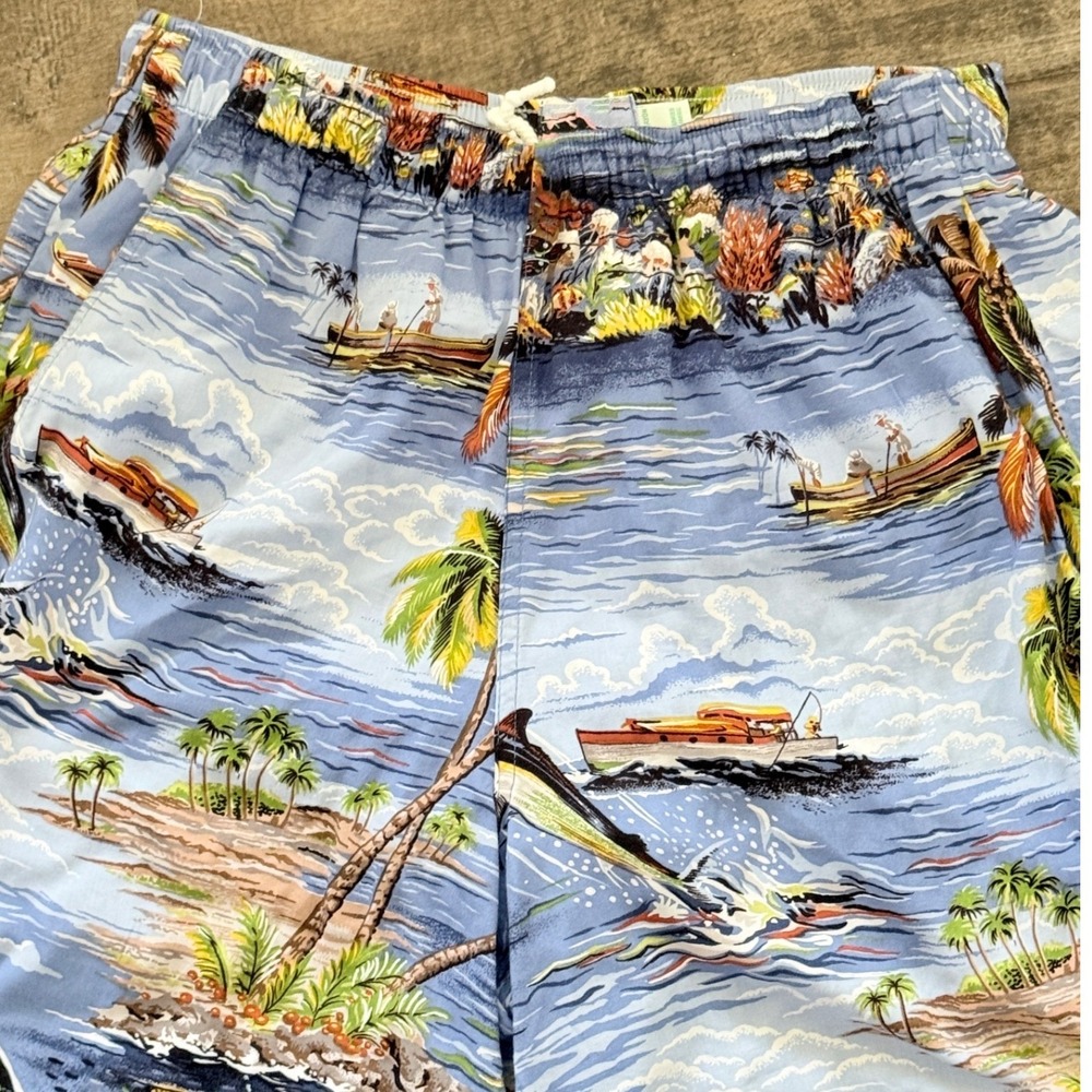 Reyn Spooner VIntage Y2K Hawaiian Fishing Print 7" Swim Board Shorts, Blue, M - Picture 3 of 9